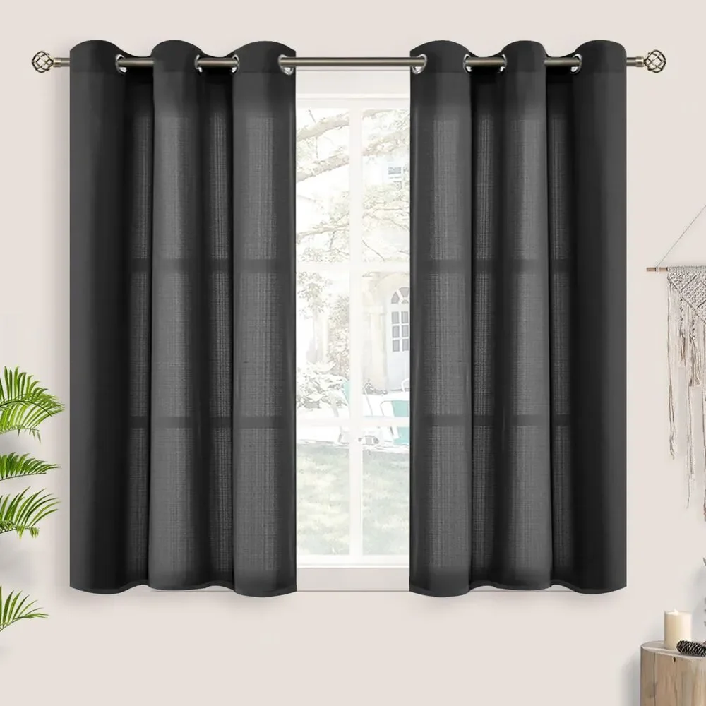 Set of 2 Curtain Panels, 42 x 45 Inch, Linen Texture Sheer Curtains (Black)